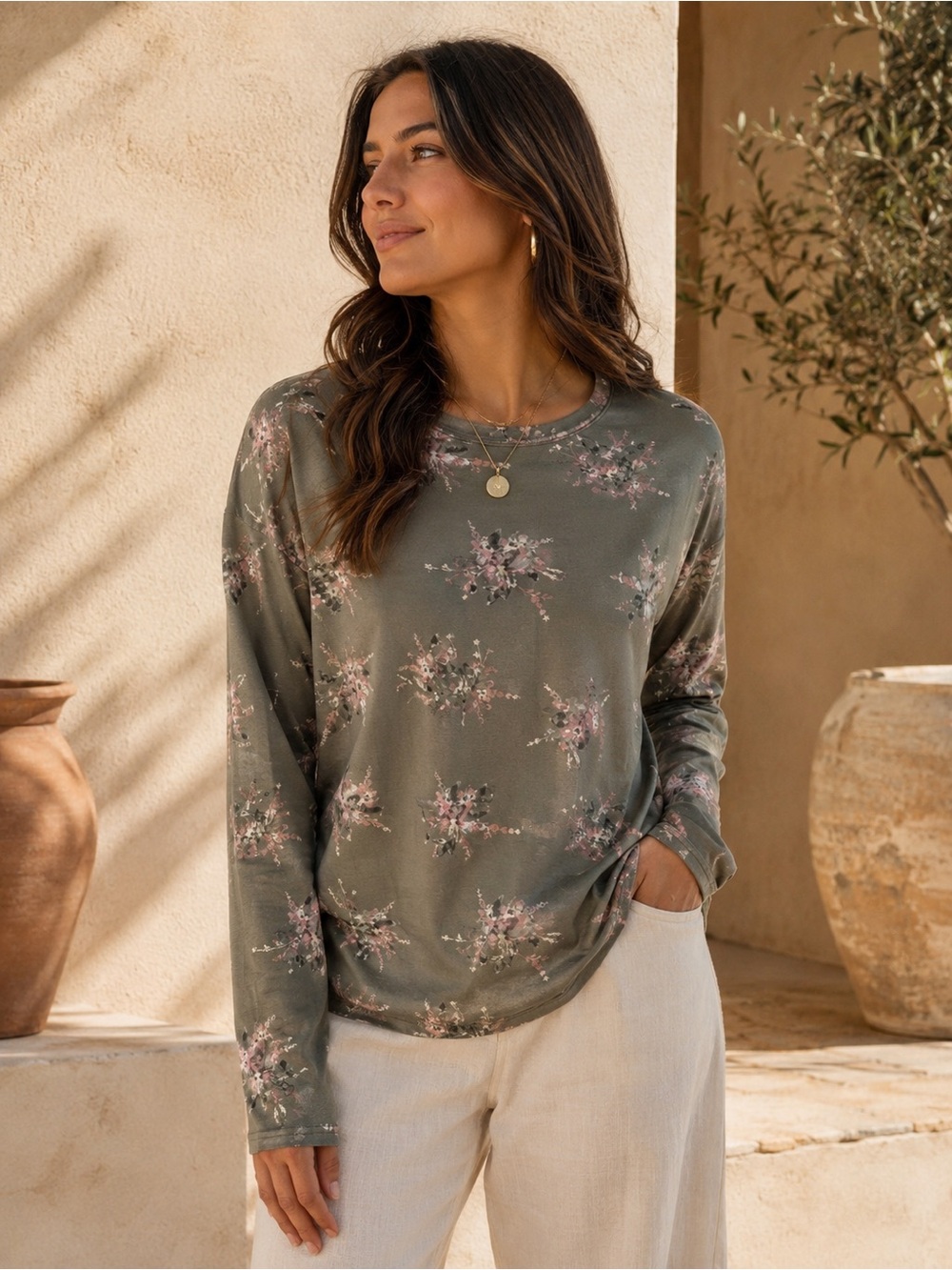 41. Relaxed Floral Long-Sleeve Top in Olive Green